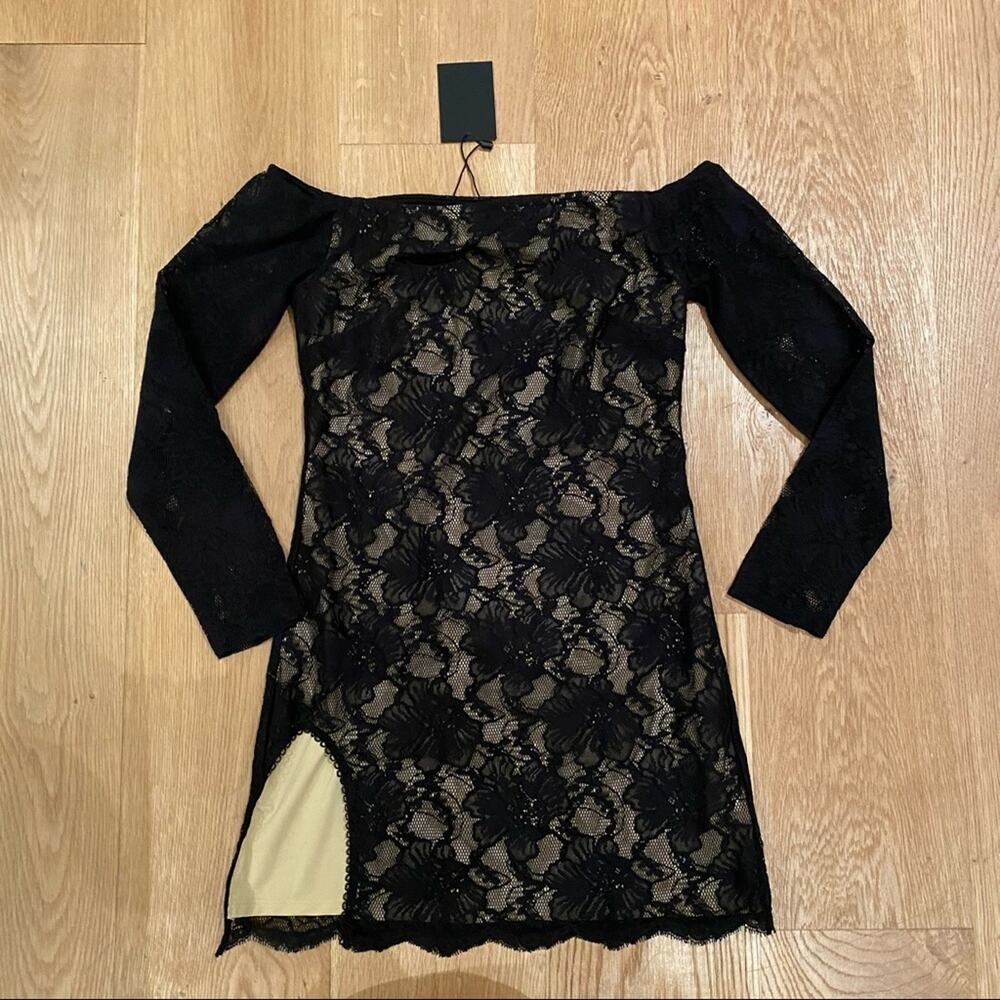 NBD Lace Overlay Off Shoulder Mini Dress in Black